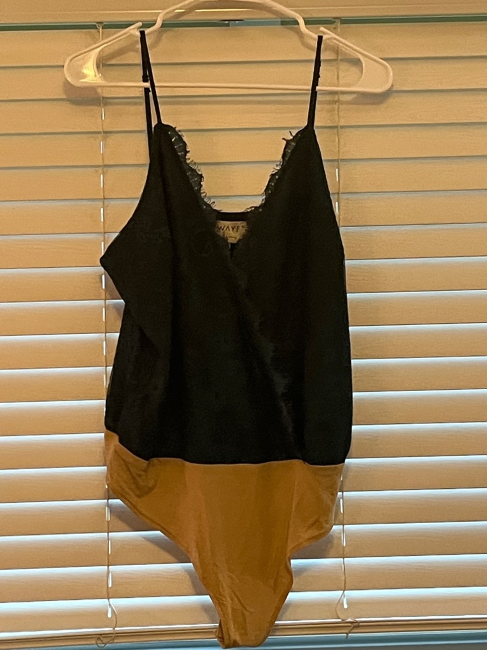 Wayf Black and Tan Contrast Satin Lace-Trim Bodysuit